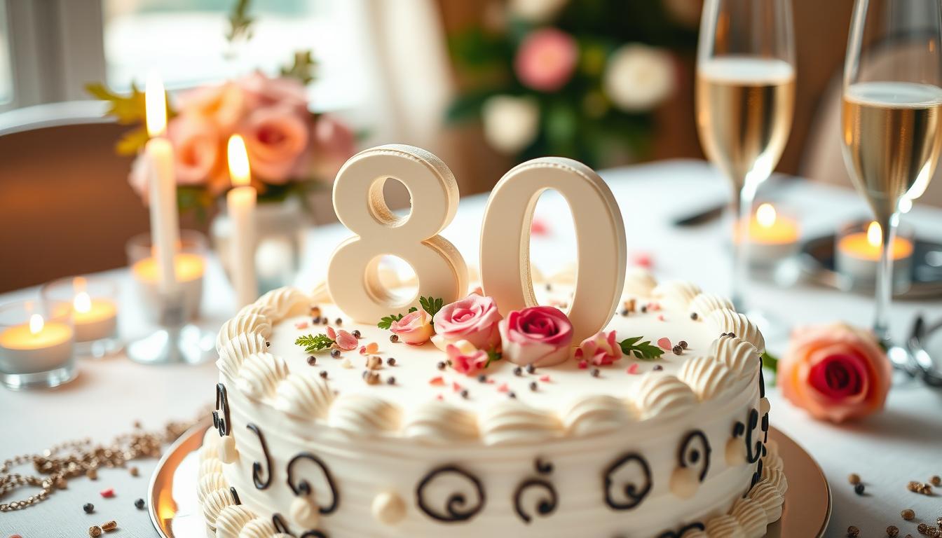 Elegancki tort urodzinowy z numerem 80 i świeczkami na uroczystym stole z dekoracjami na 80 urodziny