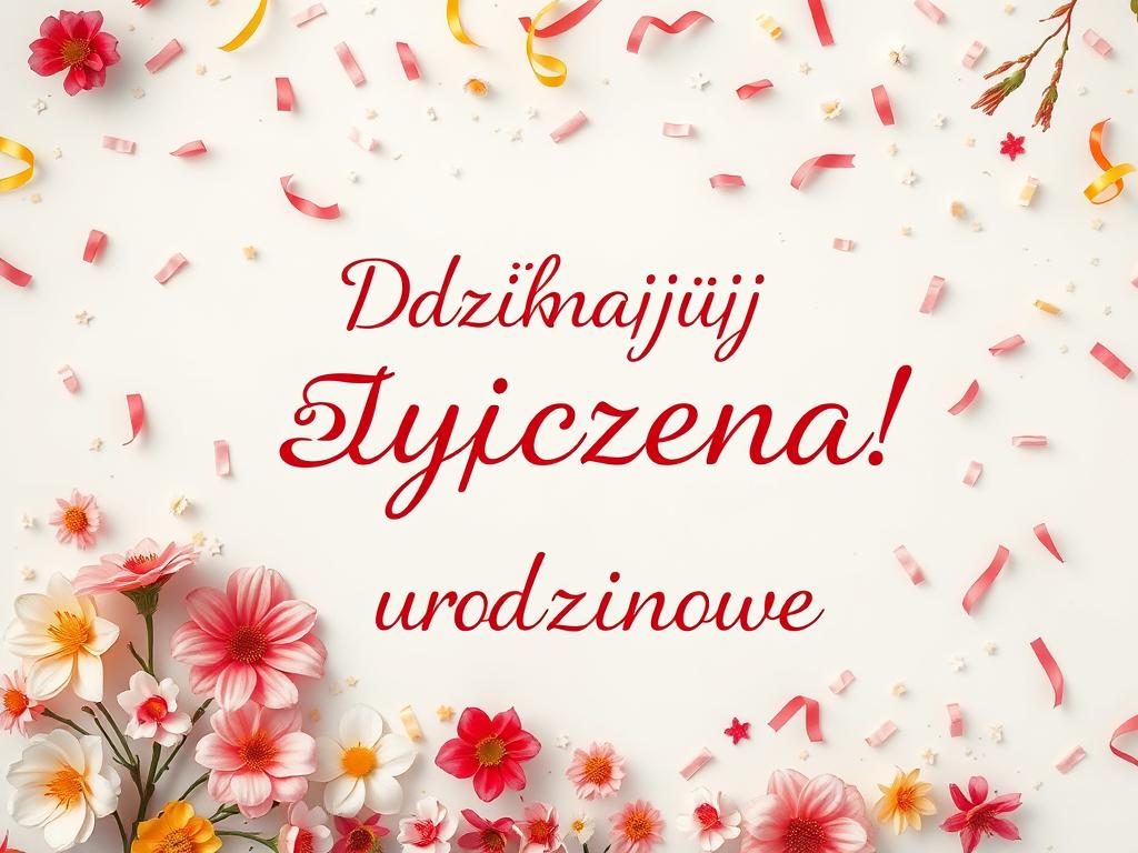 Kartka z podziękowaniami za życzenia urodzinowe ozdobiona kwiatami i konfetti