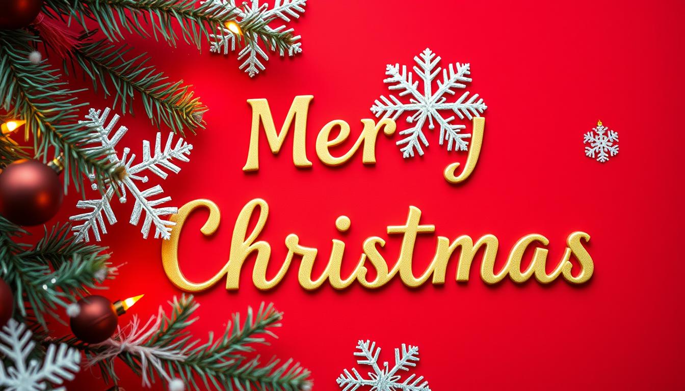 Świąteczna dekoracja z napisem Merry Christmas i płatkami śniegu na czerwonym tle