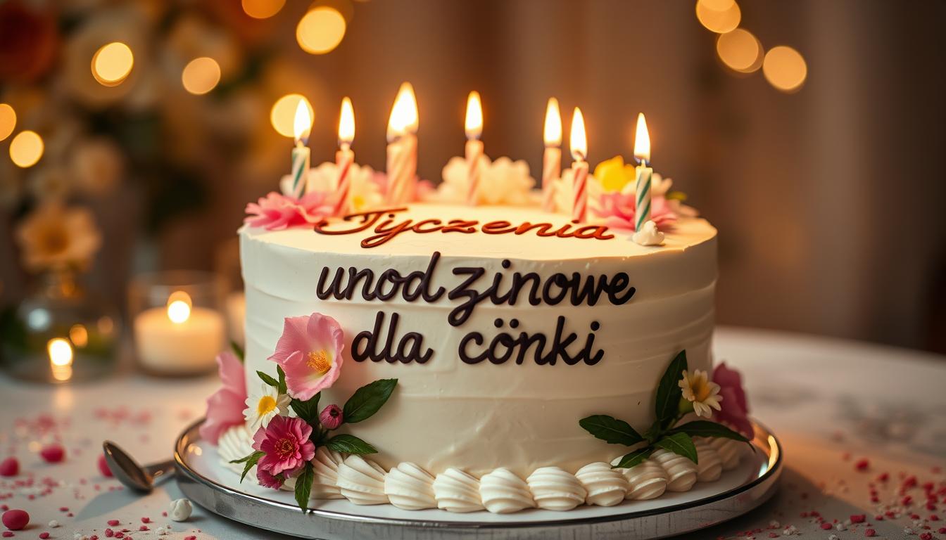 Tort urodzinowy z napisem 'Życzenia urodzinowe dla córki' ozdobiony świeczkami i kwiatami